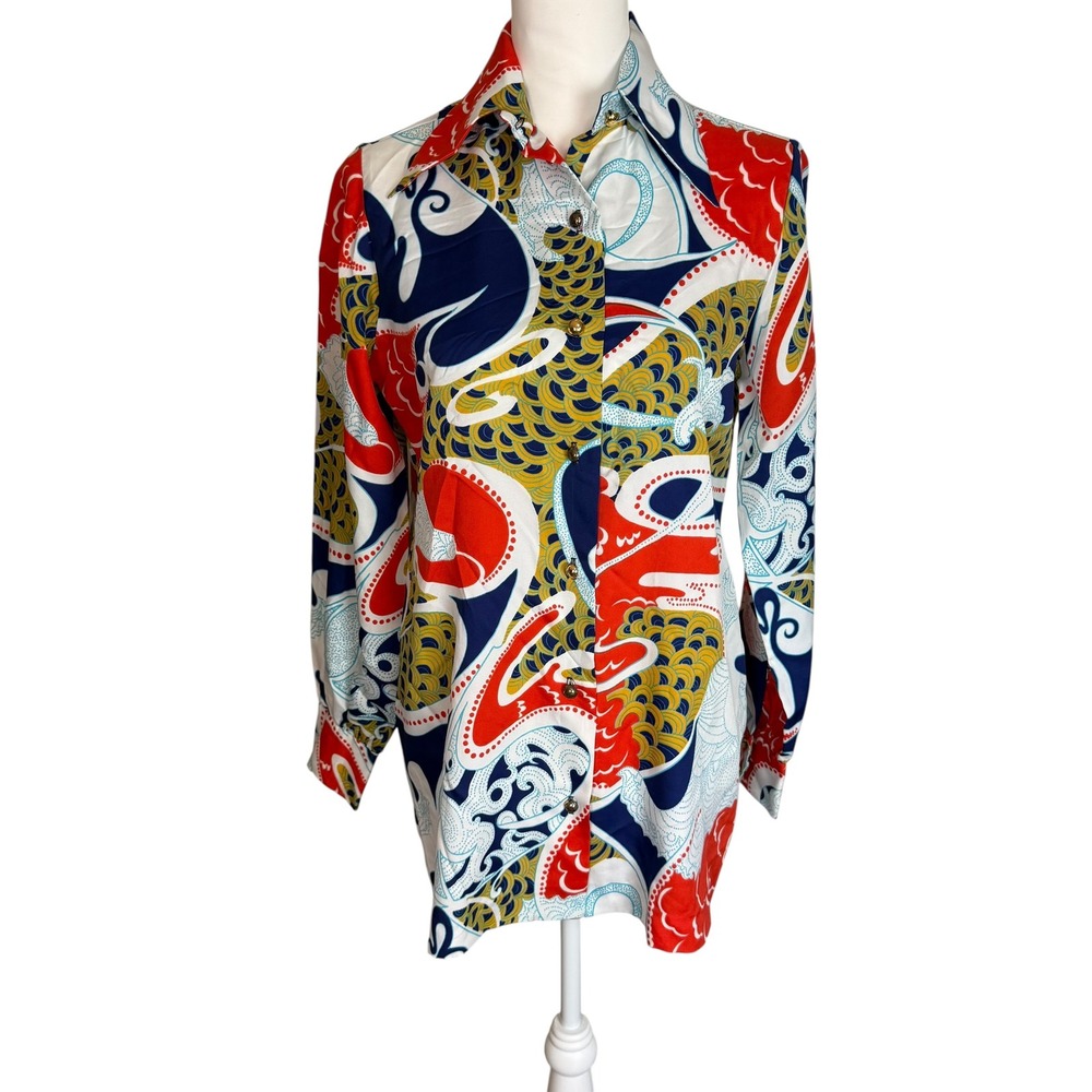 Vintage La Baroque Lady‎ Arrow 70s Psychedelic Print Button Up Shirt Red Navy L